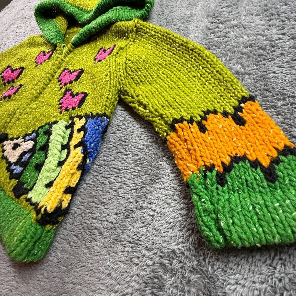 ECC Ecuador Kids 2 Wool Hoodie Zip Cardigan Animal Rainbow Hearts Chunky Knit - Picture 5 of 9